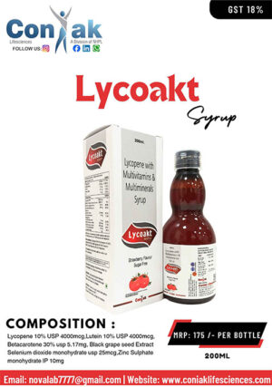 Lycopene 6% 1000mcg+Vit A 2500I.U., Vit E 10I.U. Ascorbic acid 50mg,selenium 35mcg,Zinc 3mg,Mangnese 2mg, Iodine 100mcg, Copper 500mcg,Thiamine HCL 1.8mgsyp