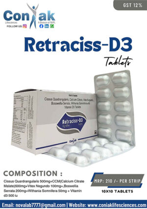 Cissus Quardrangularis 500mg+CCM(Calcium Citrate Malate)500mg+Vitex Negundo 100mg+,Boswellia Serrata 200mg+Withania Somnifera 50mg + Vitamin d3 500 iu Tablets