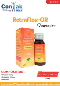 Ofloxacin 50mg+Ornidazole 125mg+Racedrotil dry Syp