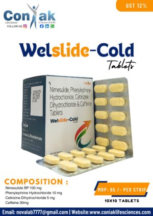 Nimesulide 100mg, Phenlyephrine Hydrochloride 5mg, Cetirizine Dihydrochloride  5mg and Caffeine 25mg Tablets